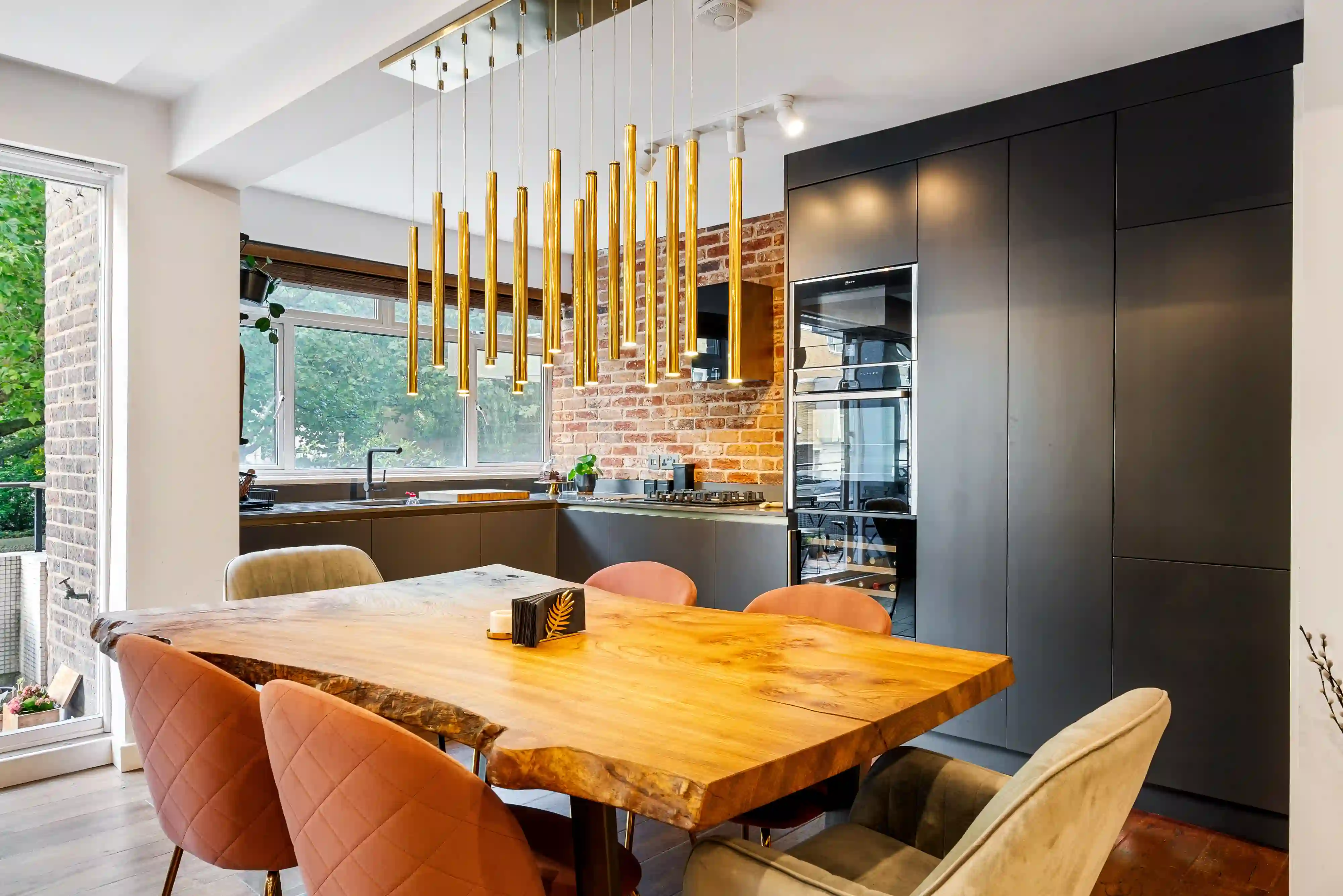 A modern kitchen and dining space