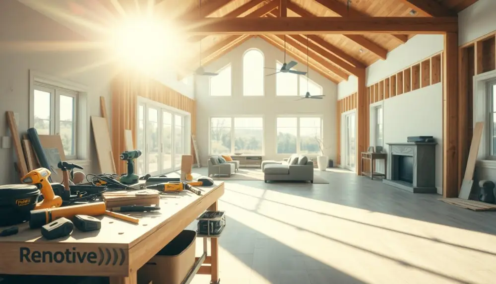 A modern, sun-drenched home renovation project in progress.