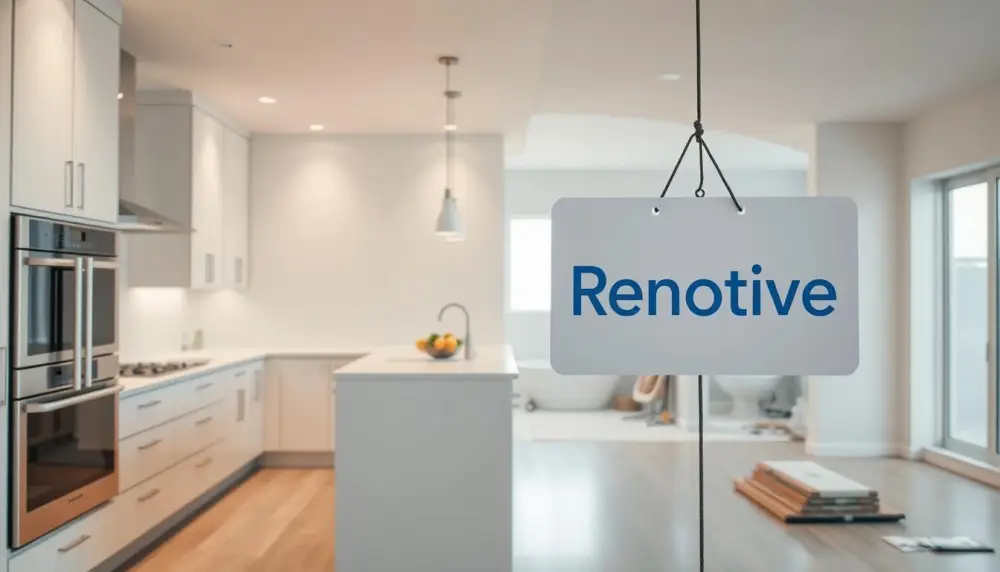 photorealistic image of a modern kitchen undergoing a bathroom remodel