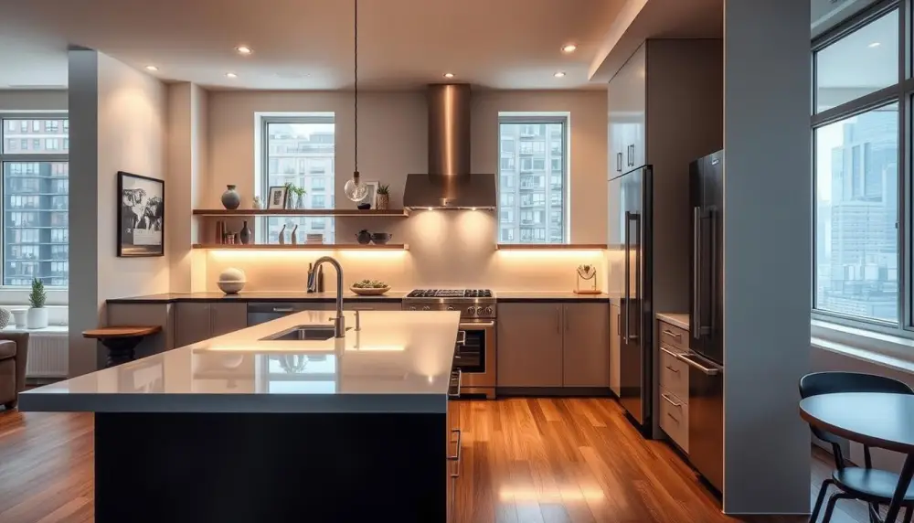 A contemporary kitchen with a sleek, minimalist design in a New York apartment.
