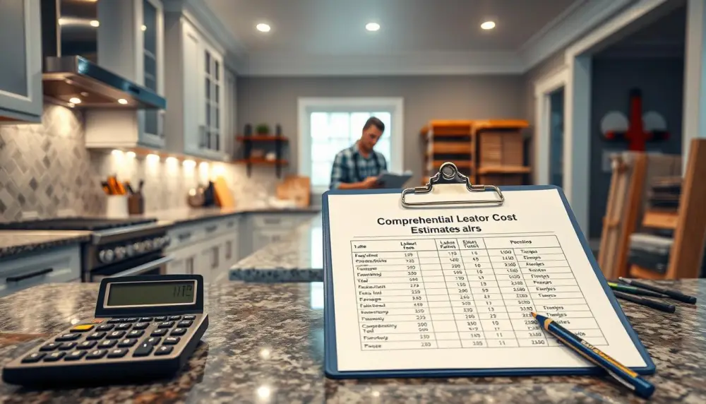 A modern kitchen with sleek appliances, granite countertops, and recessed lighting.