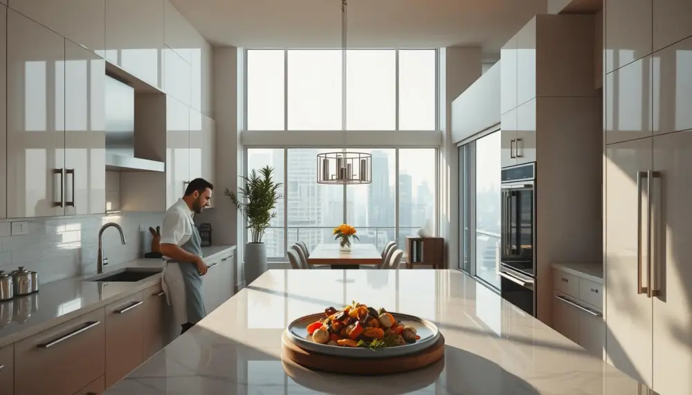 A well-lit, modern kitchen with sleek Renotive cabinetry, gleaming marble countertops, and stainless steel appliances.