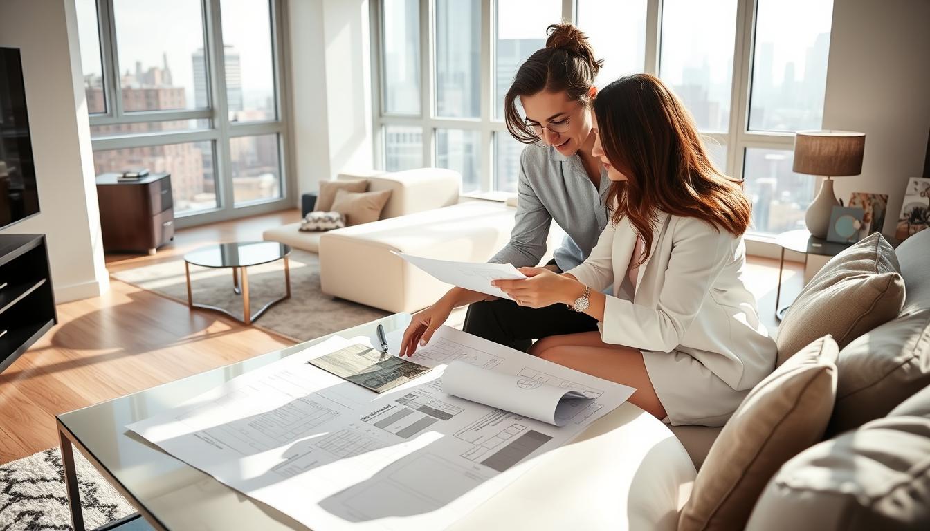 Interior designer in New York working with a client on apartment renovation plans